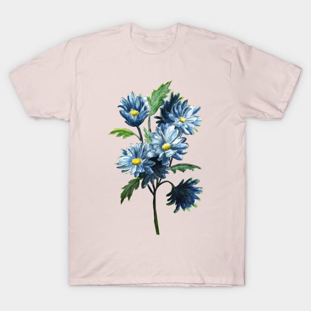 Blue Daises Flower Watercolor Painting T-Shirt by Ratna Arts